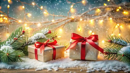 Leinwandbilder - Wrapped Gifts and Evergreen Branches Resting in a Bed of Fresh Snow Under a Canopy of Twinkling Lights