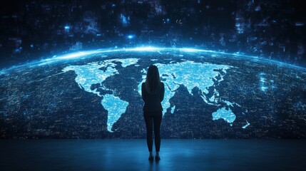 Poster - Woman facing global network map digital display