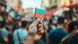 © M - Close up of hand holding small flag in crowd.