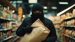 © Ilmi - A thief in a black balaclava sneaks through the store with his hands covered, carrying a large beige bag. Close-up of an urban criminal concept.