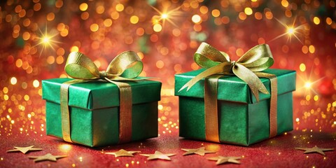 Poster - Two Emerald Green Gift Boxes Adorned with Golden Ribbons Resting on a Festive Red Surface with a Sparkling Bokeh Background