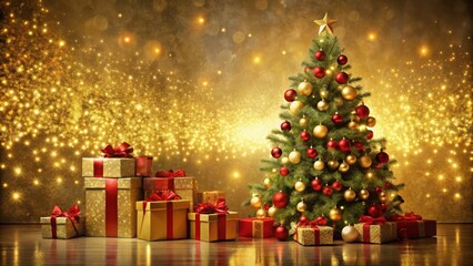 Poster - A Festive Christmas Tree Adorned with Red and Gold Ornaments and Surrounded by Sparkling Gifts Against a Background of Shimmering Golden Lights