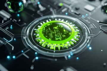 Aufkleber - A green circular virus icon surrounded by futuristic digital interface elements, with white and blue data points in the background.