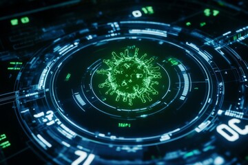 Aufkleber - 3D render of a green virus in a futuristic interface with a black background and blue color elements, white numbers on the screen around the circular shape.