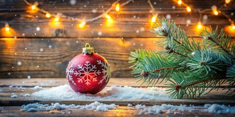 Poster - A Red Christmas Ornament with Snowflake Design on a Snowy Wooden Table Decorated with String Lights and Pine Branch