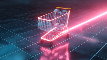 Poster - Online shopping cart neon light concept for e commerce retail and digital marketing sales promotion design