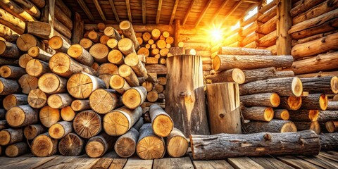 Aufkleber - A rustic log cabin interior, showcasing neatly stacked logs bathed in warm sunlight, creating a sense of warmth and tranquility.