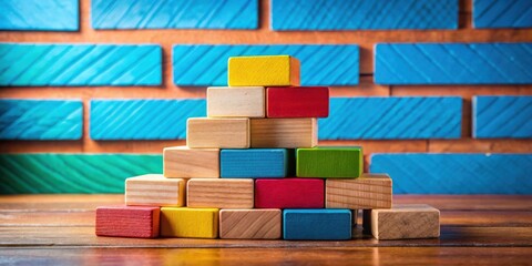 Poster - A pyramid of colorful wooden blocks stands against a blurred backdrop of blue, green, and orange bricks.