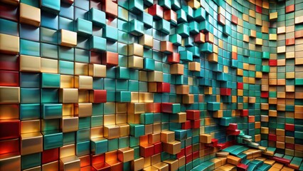 Fototapete - Abstract Colorful Wall of Shiny Cubes with Curved Perspective