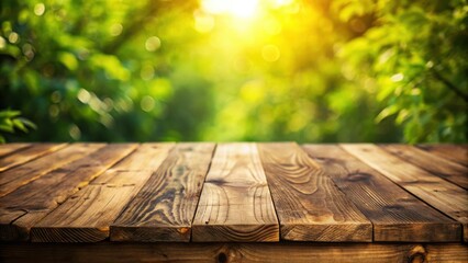 Poster - A Rustic Wooden Tabletop Against a Blurred Background of Lush Green Foliage and Sunlit Bokeh