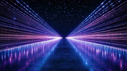 Aufkleber - Futuristic data stream abstract light trails on reflective surface under starry sky