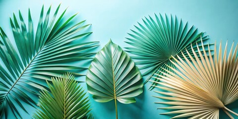 Fototapete - Tropical Palm Leaf Arrangement on a Light Blue Background