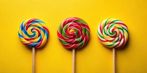 Poster - A vibrant trio of colorful swirl lollipops on a bright yellow background, representing sweet treats and delightful flavors.