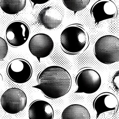 Poster - Abstract seamless pattern with black and white speech bubbles on dotted background. Halftone texture, monochrome design, comic style, repeating pattern for textile or wallpaper