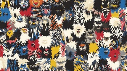 Poster - Abstract art print featuring a chaotic array of colorful, textured shapes resembling stylized animal heads, primarily in shades of red, blue, yellow, black, and white. The background is a dark