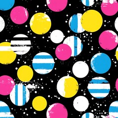 Poster - Abstract seamless pattern with colorful circles on black background. The circles are in various shades of pink, yellow, blue, and white, with some featuring stripes or distressed textures. The