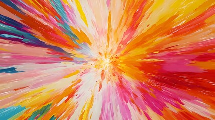 Leinwandbilder - Abstract explosion of vibrant colors radiating outward. Bright hues of red, orange, yellow, pink, blue and teal create a dynamic, energetic composition. The image features a central burst of light