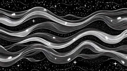 Leinwandbilder - Abstract image of flowing white waves on a black background, resembling cosmic clouds or energy streams. The design incorporates a speckled texture and subtle star like elements, creating a dreamy