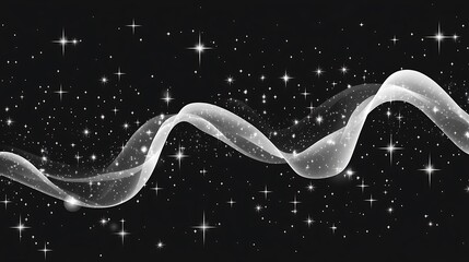 Leinwandbilder - Abstract image of flowing white lines resembling smoke or energy against a black background, speckled with small white particles suggesting stars or glitter. The lines curve smoothly, creating a