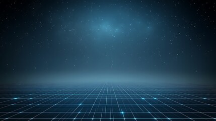 Poster - Abstract digital landscape with glowing blue lines forming a grid pattern on a dark background. Small white particles float in the dark upper atmosphere. The overall mood is futuristic and