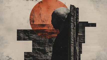 Poster - Abstract artwork featuring a large, textured orange circle resembling a sun, set against a muted beige background. Dark, geometric shapes are overlaid, creating a sense of depth and mystery. The