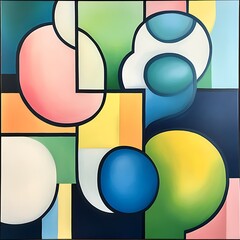 Poster - Abstract artwork featuring a geometric composition of pastel and primary colors. Organic shapes in pink, yellow, green, and blue are set against a grid of black lines, creating a visually striking