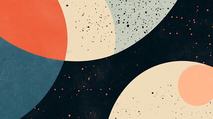 Poster - Abstract art featuring overlapping circles in shades of coral, beige, teal, and dark gray, speckled with tiny black and white dots. The background is dark gray. The overall style is minimalist and