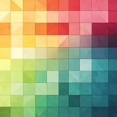Poster - Abstract geometric background with warm and cool color palette. The image features a mosaic of squares and triangles in shades of yellow, orange, red, green, blue, and teal, creating a vibrant and