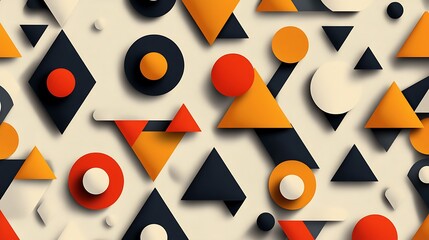 Poster - Abstract geometric pattern with orange, red, black, and white shapes on a beige background. The design features overlapping circles, triangles, and diamonds, creating a dynamic and visually