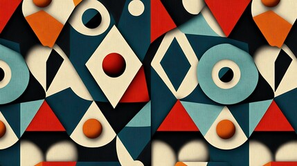 Poster - Abstract geometric pattern with textured circles, diamonds, and triangles in red, orange, blue, and beige. Dark background with 3D effect