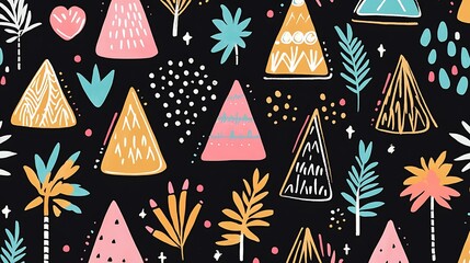 Poster - Abstract seamless pattern with geometric shapes, tropical leaves, and playful elements on a black background. The style is hand drawn and features a mix of colors including pink, orange, and teal