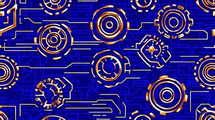 Poster - Abstract seamless pattern featuring gold and blue circuit board design with various technological elements. The background is a deep blue, and the pattern is composed of interlocking golden circular