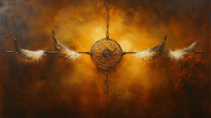 Poster - Abstract painting in warm golden brown tones. Central circular element with radiating lines and textured wings. Dark background with subtle speckles. Symmetrical composition