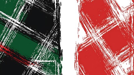 Poster - Abstract image featuring a striking juxtaposition of green, black, and white plaid on one side and red and white plaid on the other. The style is reminiscent of a distressed or textured fabric