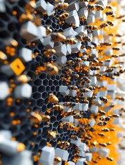 Poster - Abstract image of bees swarming around a honeycomb structure composed of grey and white cubes. The bees are dark brown and gold, creating a contrast with the lighter background. The image has a