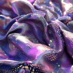 Poster - Abstract close up of a shimmering, iridescent surface. The texture is like a fabric with a pixelated or mosaic like pattern. Colors are predominantly purple, with hints of gold and other iridescent