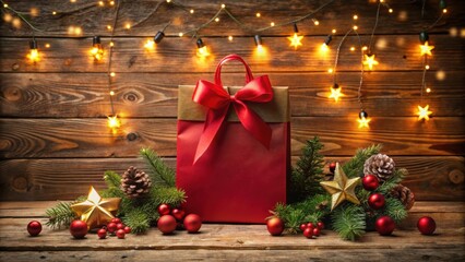 Aufkleber - A festive red gift bag with a golden bow and a string of warm lights adorning a rustic wooden background, surrounded by evergreen sprigs and glistening ornaments.