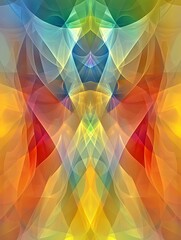 Poster - Abstract multicolored artwork featuring symmetrical patterns and vibrant hues of red, yellow, orange, green, blue and purple. The image has a blurred effect creating a soft, dreamy aesthetic.  Colors