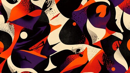 Poster - Abstract art featuring orange, purple, and beige shapes in a dynamic composition. The background is dark with subtle speckles. The shapes are sharp and angular with a textured appearance