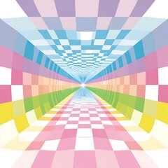 Leinwandbilder - Abstract pastel checkered tunnel leading to a bright light. The tunnel features soft, rainbow like hues and a perspective that creates a sense of depth and movement. The colors gradually shift from