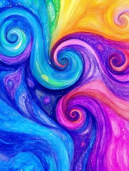 Leinwandbilder - Abstract swirling artwork in vibrant rainbow colors. Blue, purple, pink, orange, and yellow hues create a dynamic composition of spiral patterns against a speckled background. The painting evokes a