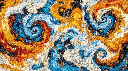 Poster - Abstract swirling artwork in blue, orange, and white. The piece uses a pixelated, mosaic like texture creating a dynamic, energetic visual. The colors are vibrant and contrasting, forming a