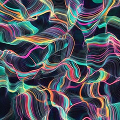 Poster - Abstract digital art featuring vibrant, swirling lines in teal, pink, orange, and yellow hues against a dark background. The lines create a dynamic, energetic composition with a three dimensional