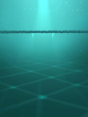 Poster - Abstract image of a dark teal rope spanning a gridded, glowing teal floor, set against a teal background with subtle light effects. The rope is thick, dark gray, and horizontal
