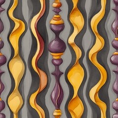 Poster - Abstract watercolor painting featuring vertical, wavy, gold and orange ribbons against a gray striped background. Purple and gold decorative elements are interspersed throughout the design, creating