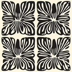 Poster - Black and white floral pattern, four stylized flowers arranged in a square grid on a cream background. The flowers have a symmetrical, radiating design with curved petals. The style is reminiscent of