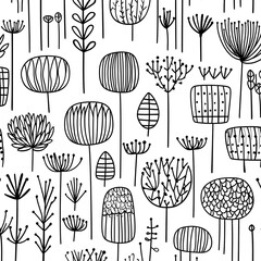 Poster - Black and white line art seamless pattern featuring various stylized trees and plants. Simple, minimalist design with repeating botanical motifs on a white background.  The pattern is created using