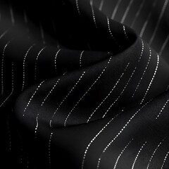 Poster - Close up view of black fabric with thin, white pinstripes. The fabric is draped and folded, creating texture and shadows. The lighting is dramatic, highlighting the sheen of the material