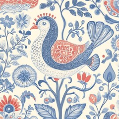 Poster - Stylized bird and floral pattern in blue, red, and white. The bird is perched on a branch amidst various flowers and leaves. The design features a repeating pattern and intricate detailing. The