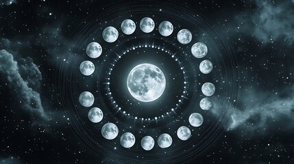 Poster - Mystical depiction of the moon cycle against a dark, starry sky. The full moon is central, surrounded by phases of the moon in a circular pattern.  Dark blue and gray tones dominate, creating a